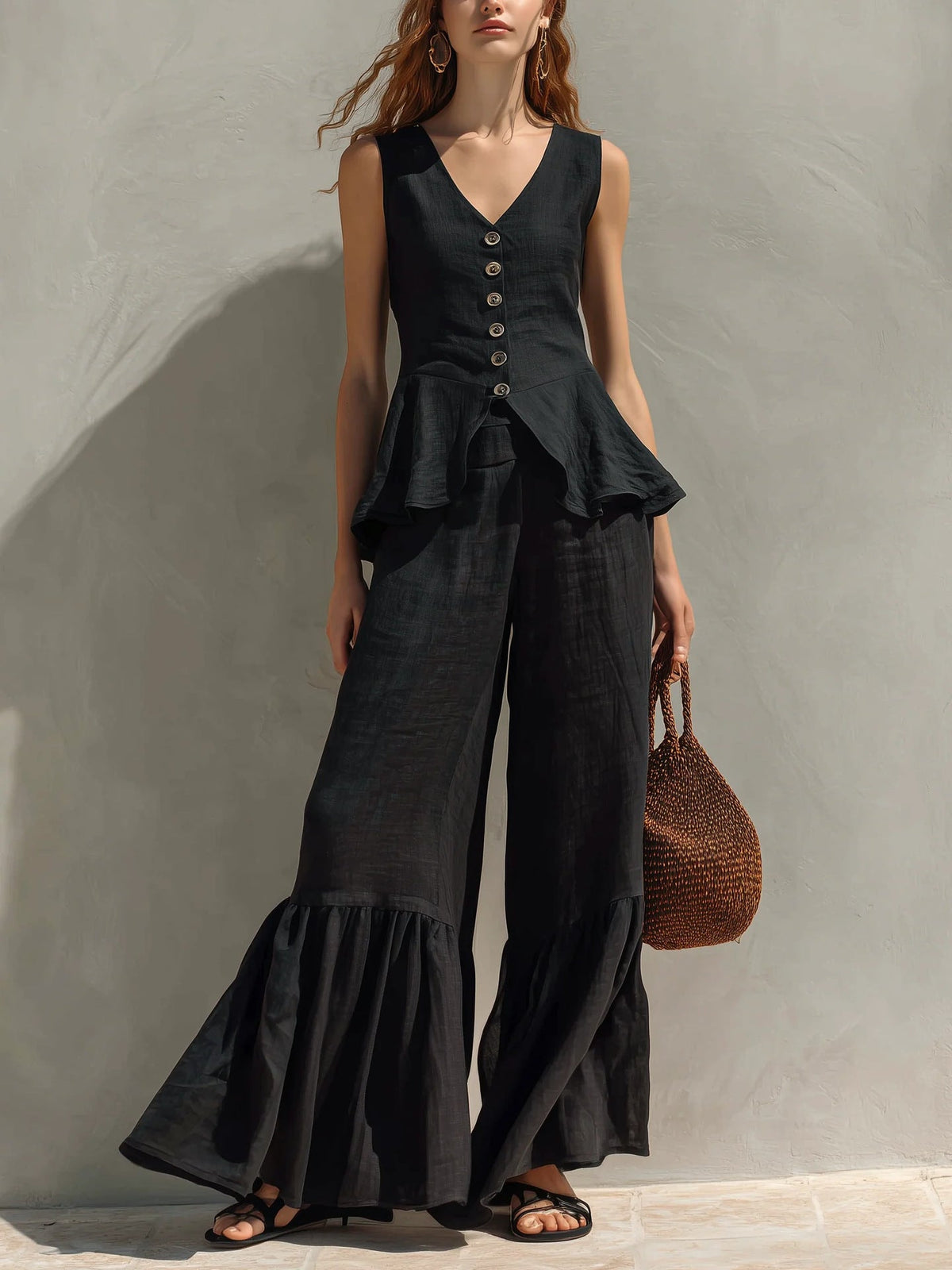 Ensemble haut péplum et pantalon large à volants en mélange de lin moutarde