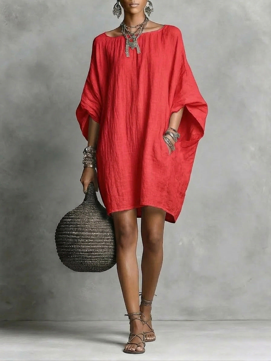 Robe décontractée femme en coton-lin, couleur unie, col rond, manches 3/4, coupe ample
