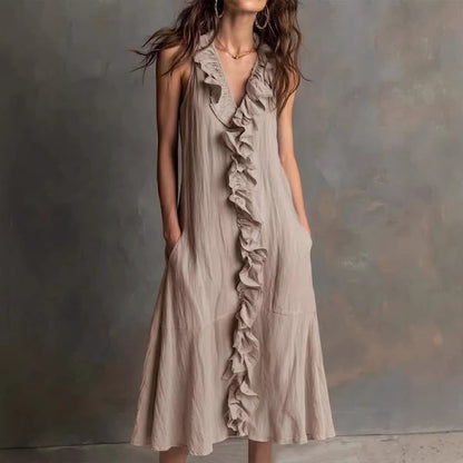 🌿 Robe midi sans manches à col en V volanté