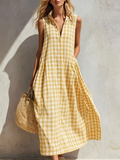 Robe longue ample sans manches à carreaux pour femme, style bohème, idéale pour les vacances d'été à la plage.