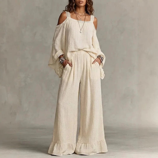 Ensemble assorti top texturé uni épaules dénudées chauve-souris et pantalon large à volants taille élastique pour femme