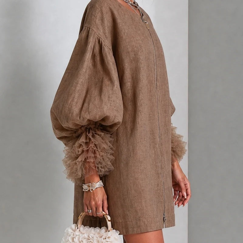 Mini-robe en lin zippée pour femme, robe ample et décontractée à manches ballon bouffantes avec poignets à volants