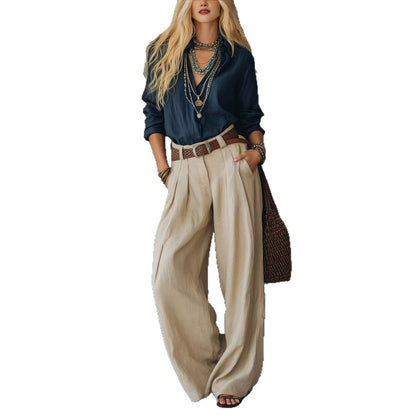 Ensemble deux pièces bohème chemise ample en lin bleu marine et pantalon large plissé en lin beige