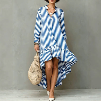 Robe longue à manches longues avec ourlet volanté et rayures verticales