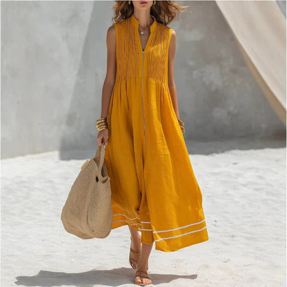 Robe midi sans manches en lin à col montant, plis et fermeture éclair sur le devant