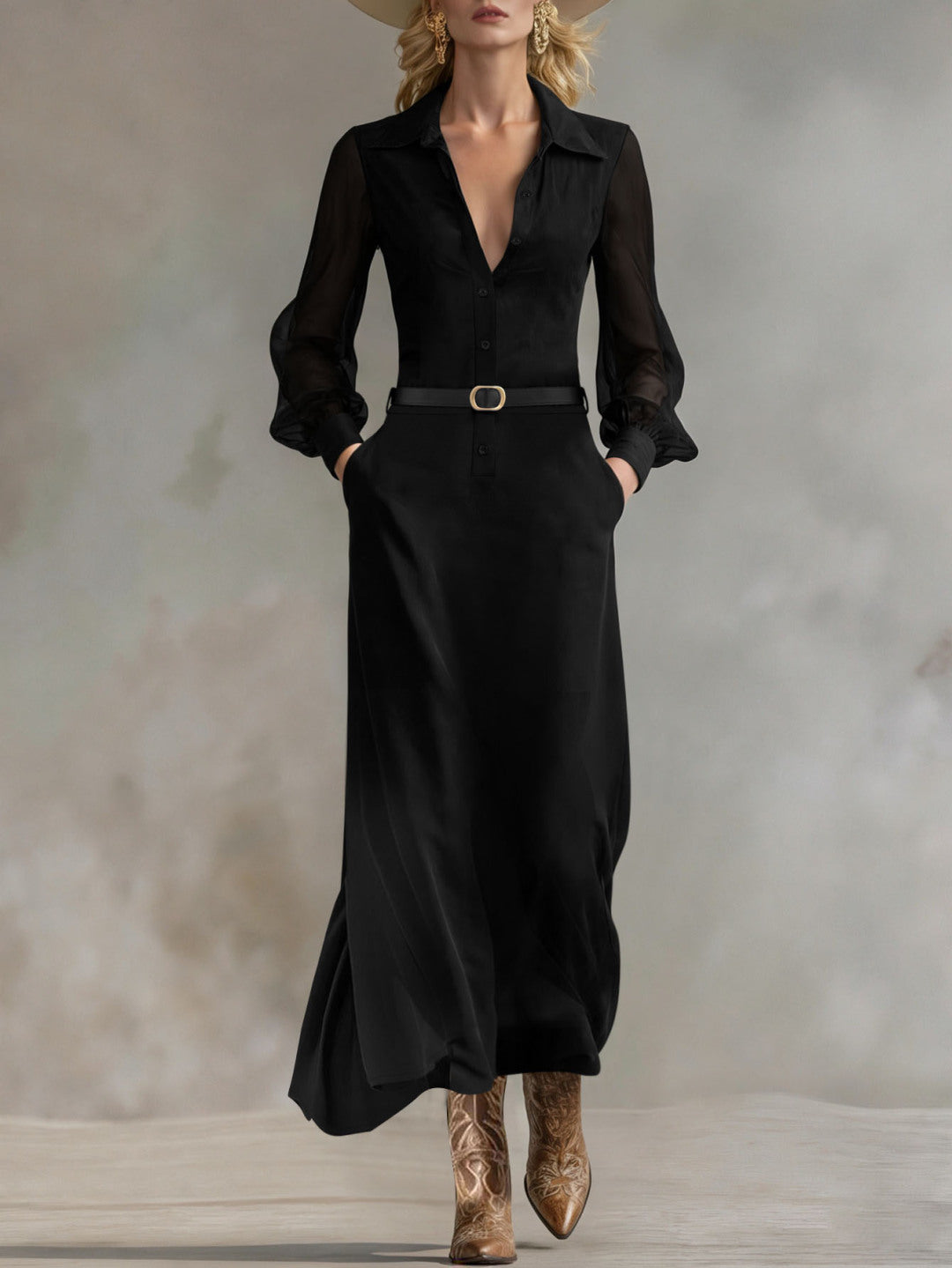 Robe chemise longue ceinturée à manches transparentes