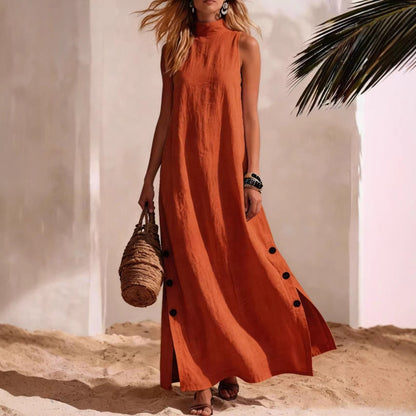 Robe longue décontractée sans manches en coton et lin de couleur unie avec fente latérale