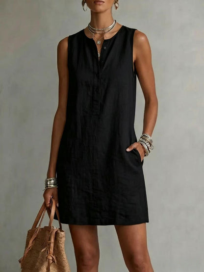 Mini-robe sans manches boutonnée en lin