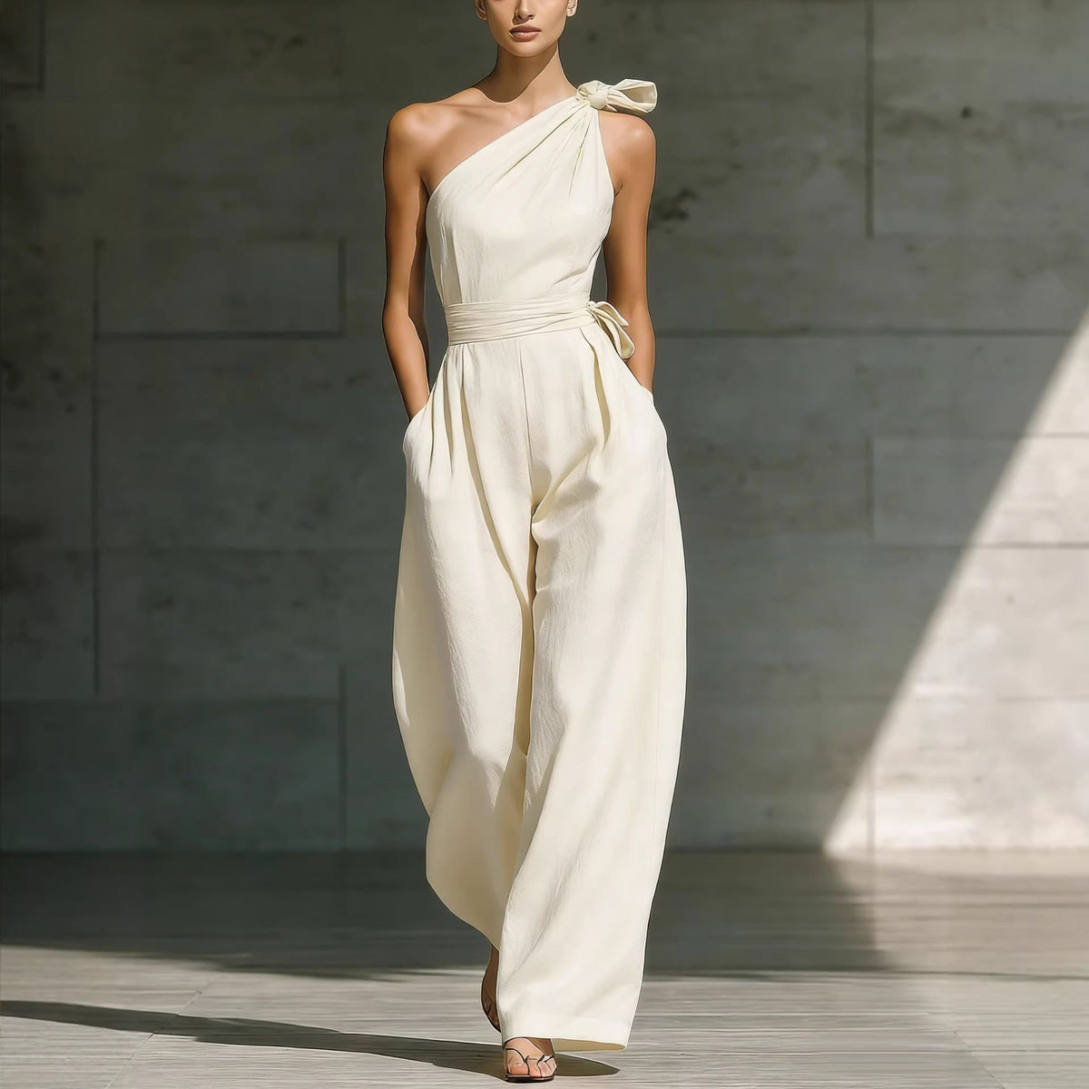 Asymmetric one-shoulder sleeveless jumpsuit with defined waist