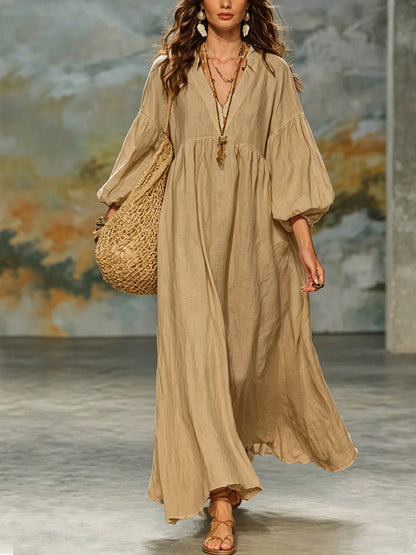 Robe longue Bohème col en V manches ballon en lin mélangé