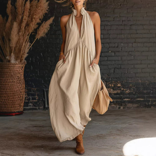 Robe longue de vacances unie sans manches à col montant