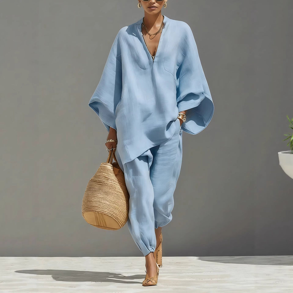 Women's Neutral Linen Set with Asymmetrical Hem & Minimalist Design, Sophisticated Casual-Everyday Style Set