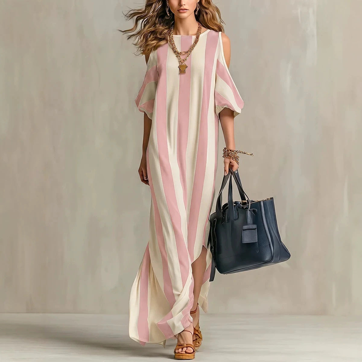 Robe longue ample fendue à rayures verticales et épaules dénudées