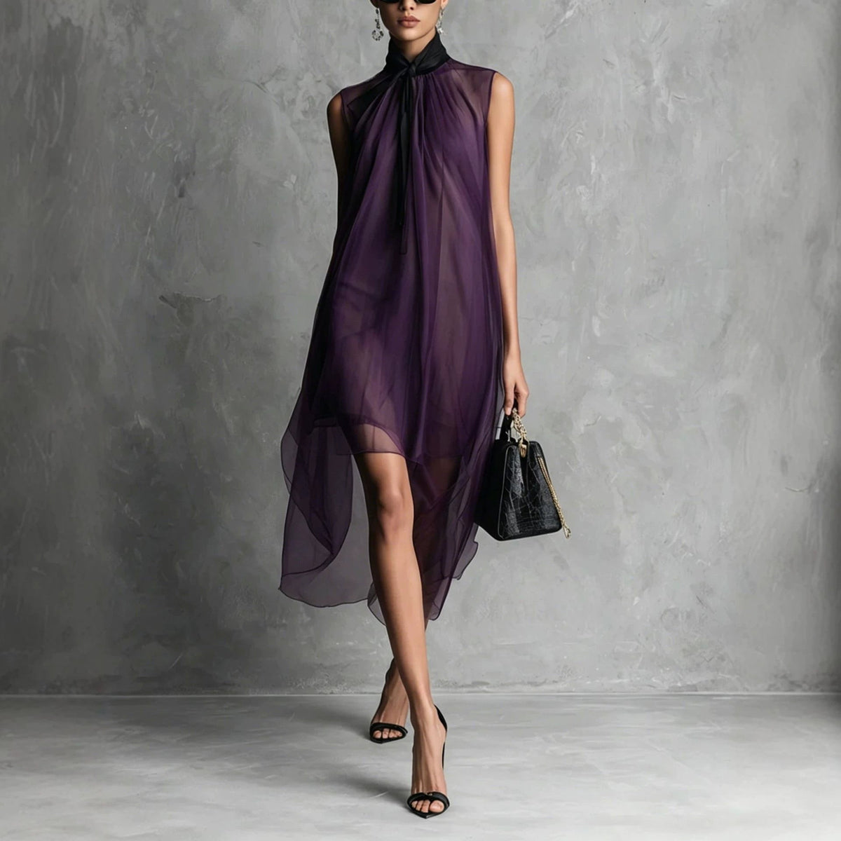 Robe midi asymétrique sans manches en maille transparente avec col à nouer