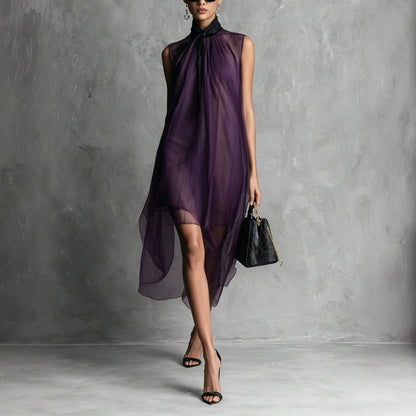 Robe midi asymétrique sans manches en maille transparente avec col à nouer