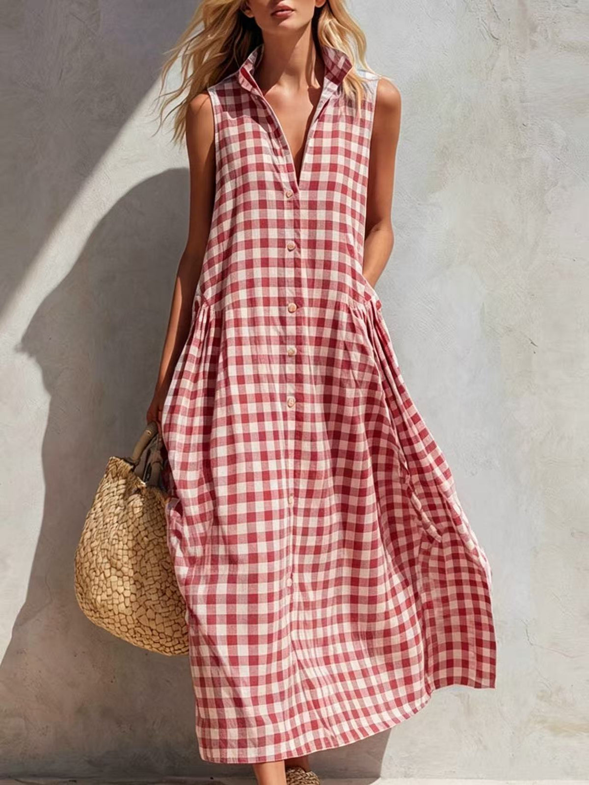 Robe longue ample sans manches à carreaux pour femme, style bohème, idéale pour les vacances d'été à la plage.