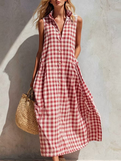 Robe longue ample sans manches à carreaux pour femme, style bohème, idéale pour les vacances d'été à la plage.