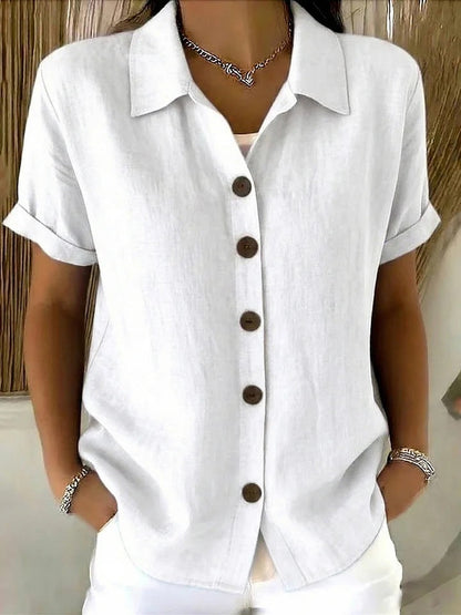 Women's short-sleeved linen shirt, with turn-down collar
