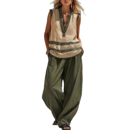 Ensemble deux pièces décontracté ample pour femme : gilet sans manches à col en V et pantalon large