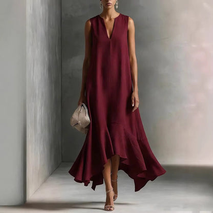 Robe midi sans manches en lin à col en V et ourlet volanté