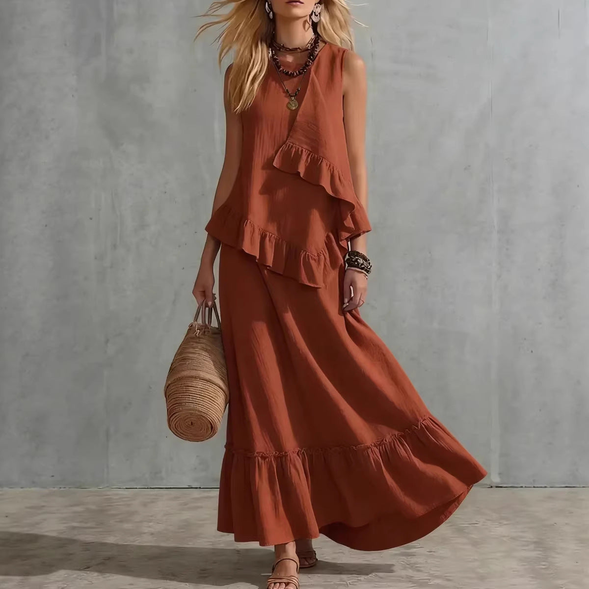 Robe longue texturée sans manches à volants asymétriques, robe longue d'été ample et fluide
