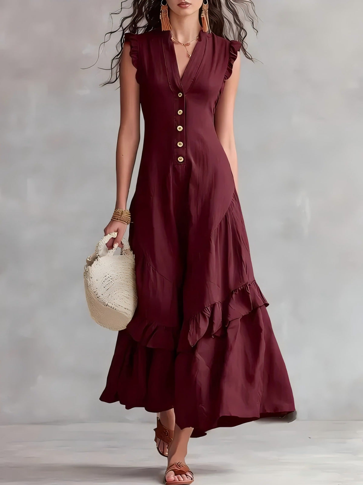 Robe longue sans manches à volants et col en V