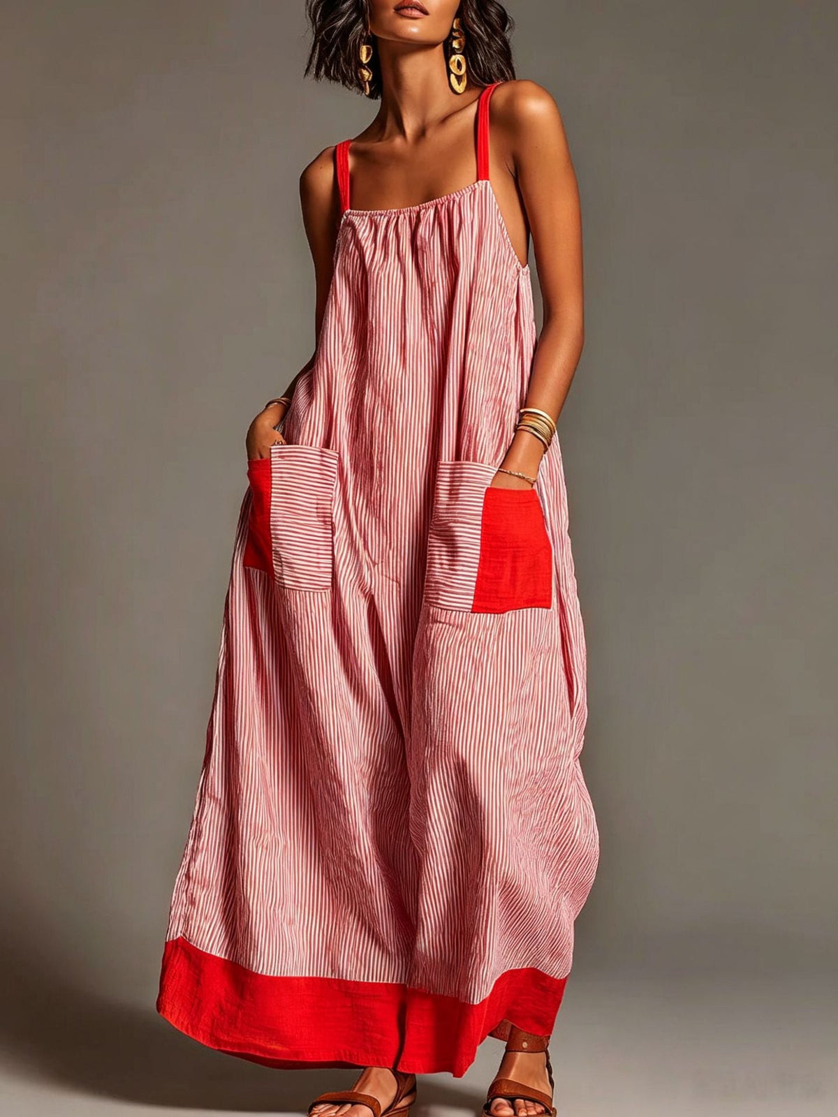 Robe longue rayée en lin et coton avec poches et bretelles spaghetti, idéale pour les vacances