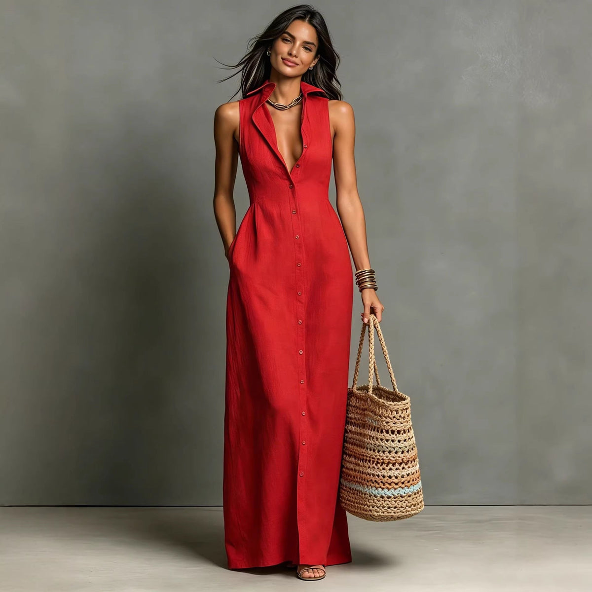 Robe chemise longue sans manches croisée et col en lin mélangé minimaliste pour femme