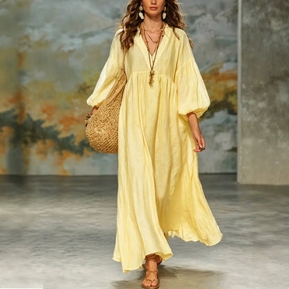 Robe longue Bohème col en V manches ballon en lin mélangé