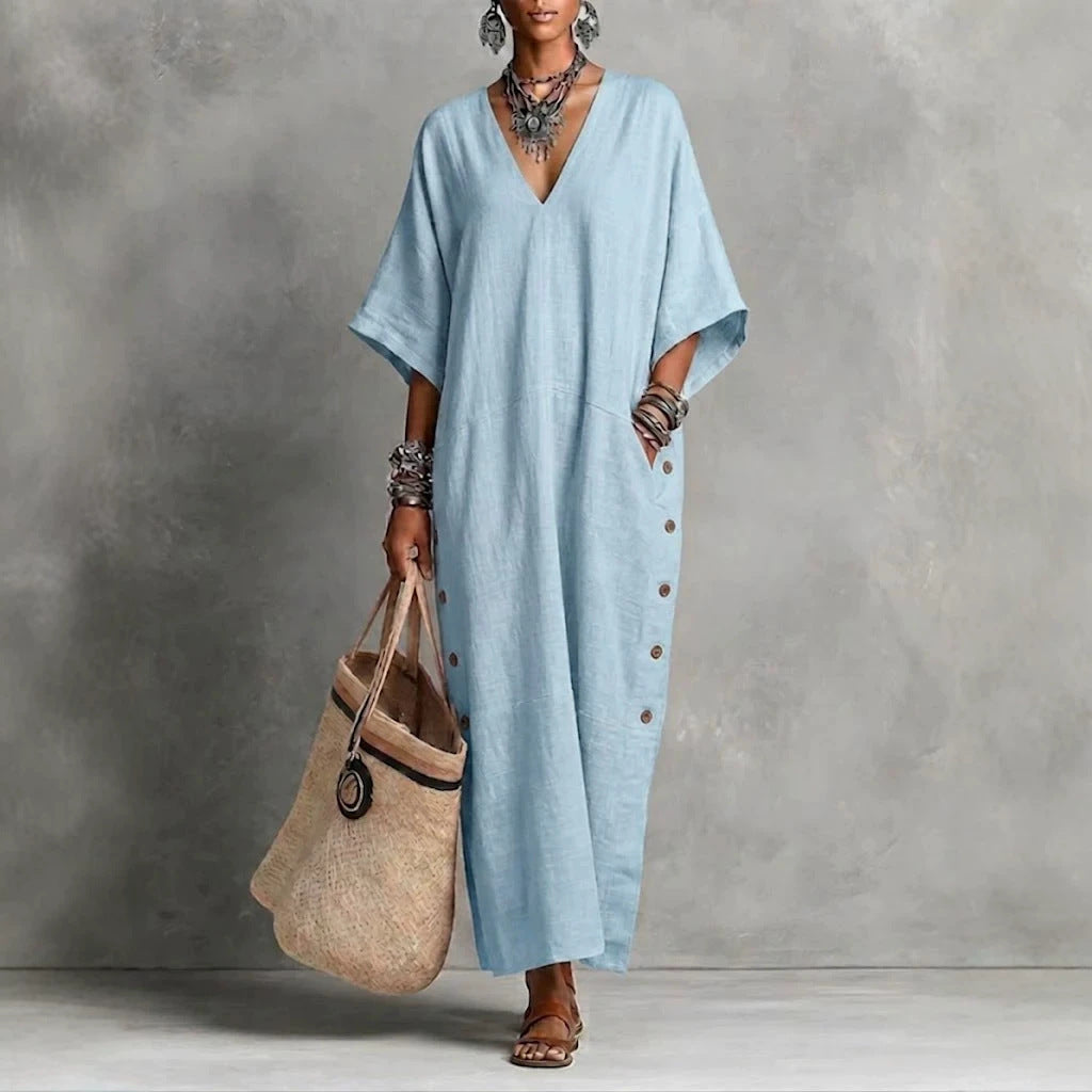 Robe Tunique Longue en Lin Naturel avec Col en V, Manches Chauve-souris et Fente Boutonnée sur le Côté