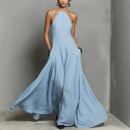 Robe longue simple sans manches à dos nu en mélange de coton et de lin