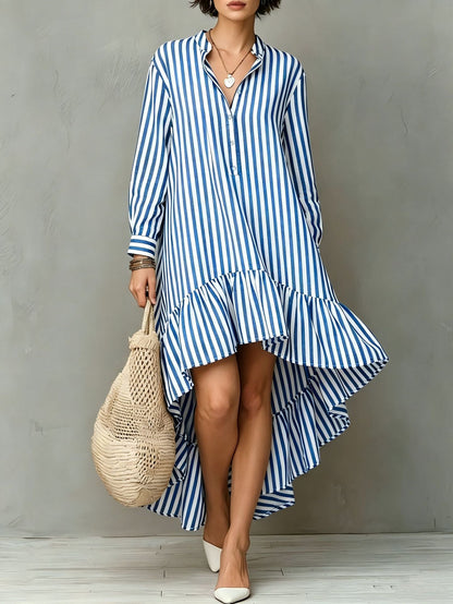 Robe longue à manches longues avec ourlet volanté et rayures verticales