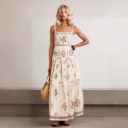 Robe longue étagée à imprimé floral vintage | Robe d'été camisole à encolure carrée