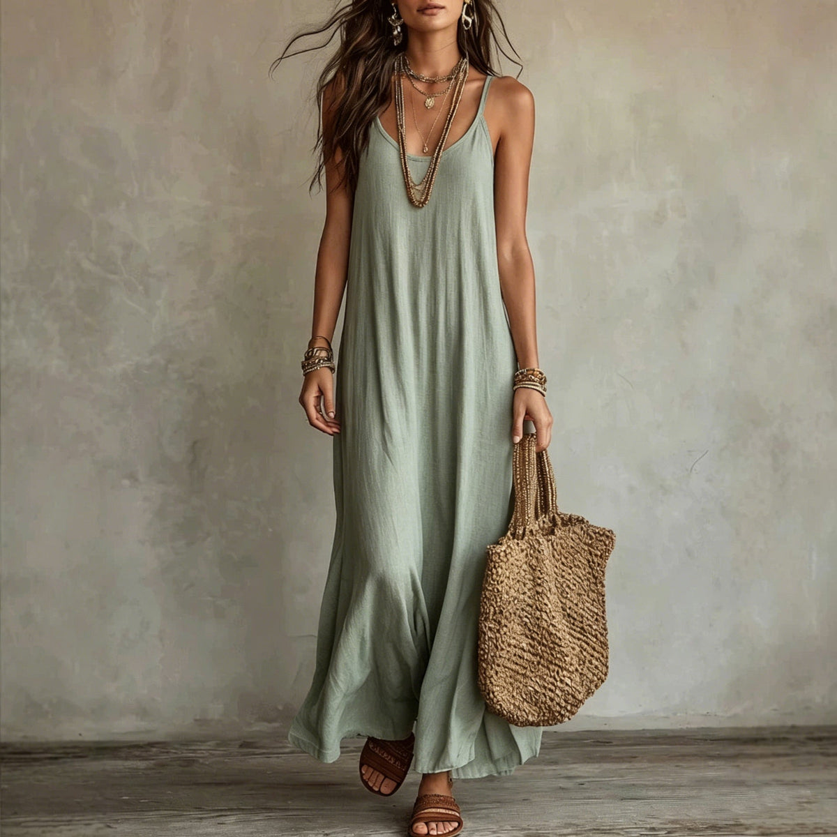 Robe longue ample à fines bretelles en lin texturé