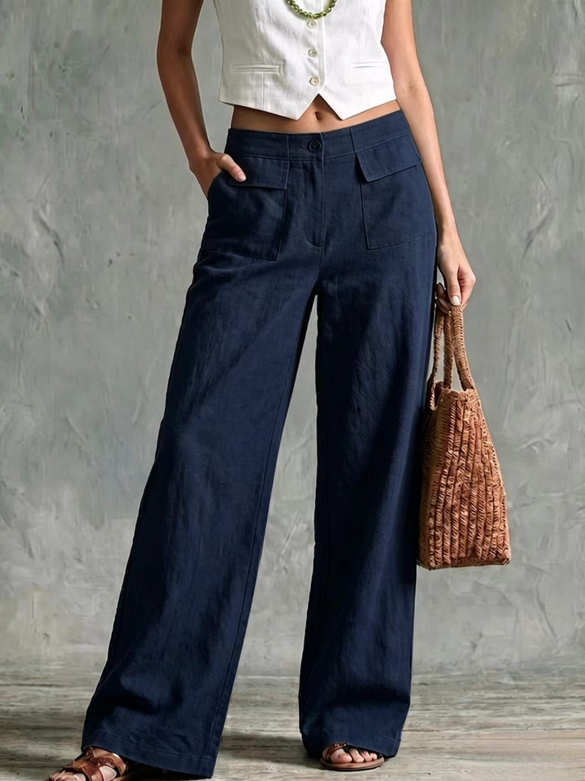 Pantalon large taille haute en lin sauge à poches plaquées