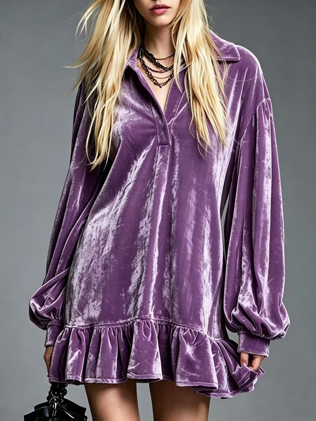 Mini-robe en velours à volants pour femme, tunique décontractée ample à revers et manches longues