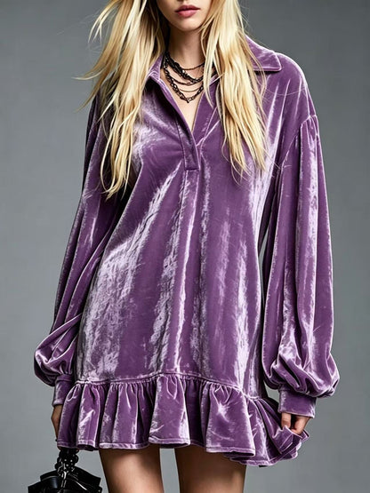 Mini-robe en velours à volants pour femme, tunique décontractée ample à revers et manches longues
