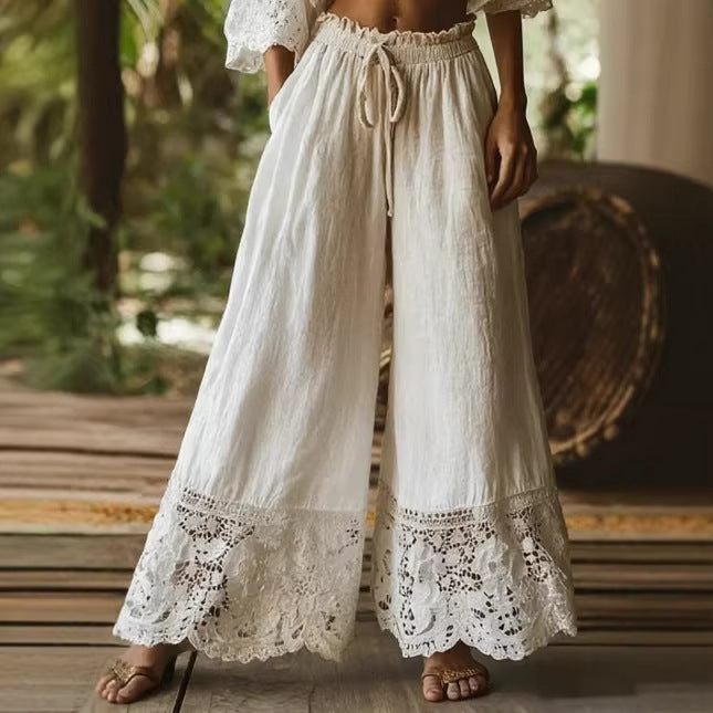 Pantalon large taille haute en coton et lin avec cordon de serrage et bordure en dentelle unie pour femme