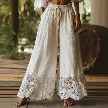 Pantalon large taille haute en coton et lin avec cordon de serrage et bordure en dentelle unie pour femme