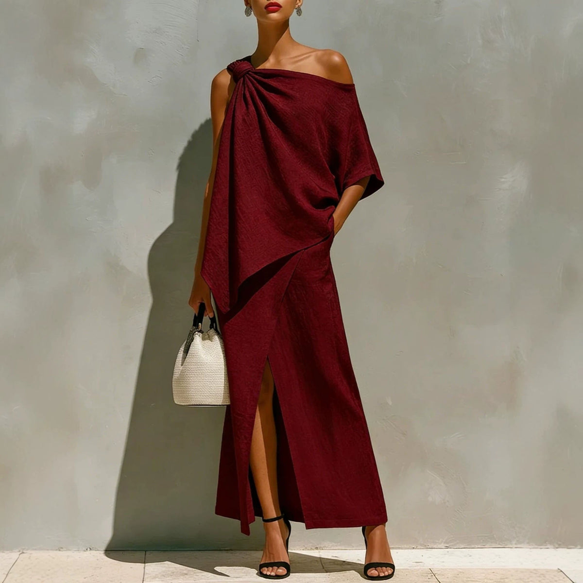 Ensemble deux pièces asymétrique en lin blanc noué