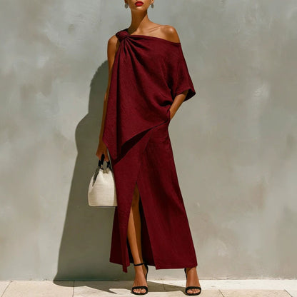 Ensemble deux pièces asymétrique en lin blanc noué