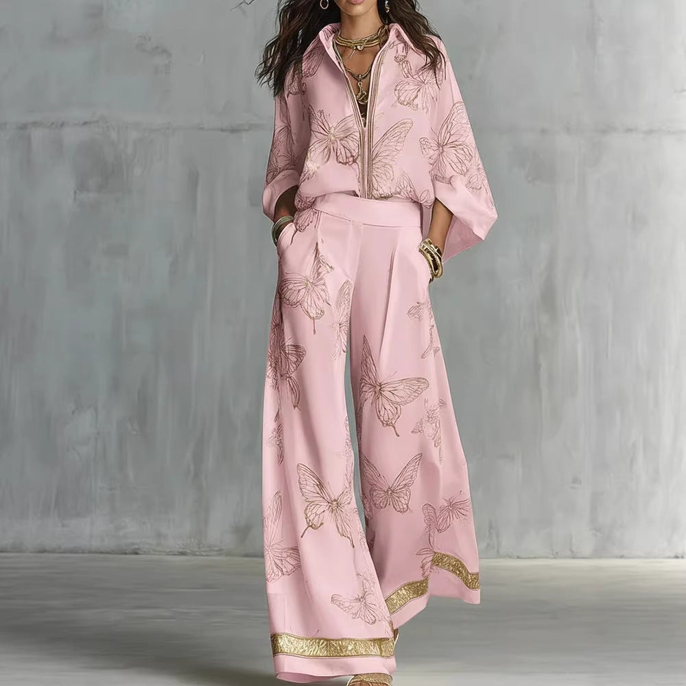 Ensemble deux pièces pantalon large taille haute, tenue de vacances élégante en satin de luxe