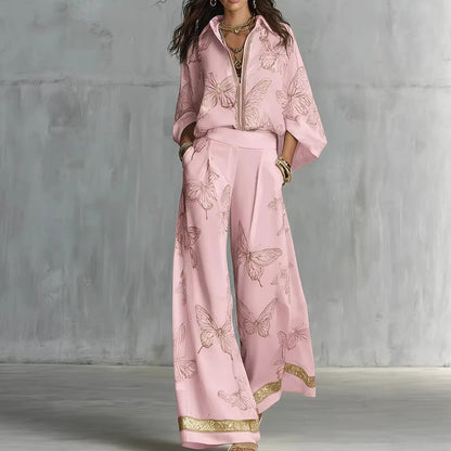 Ensemble deux pièces pantalon large taille haute, tenue de vacances élégante en satin de luxe
