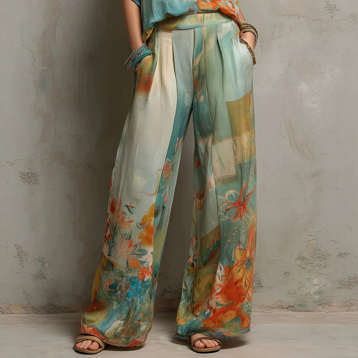 Ensemble deux pièces en mélange de lin imprimé floral aquarelle