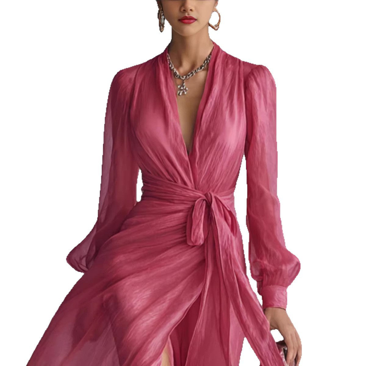 Robe longue portefeuille en mousseline fuchsia, l'élégance intemporelle, l'allure sans effort.