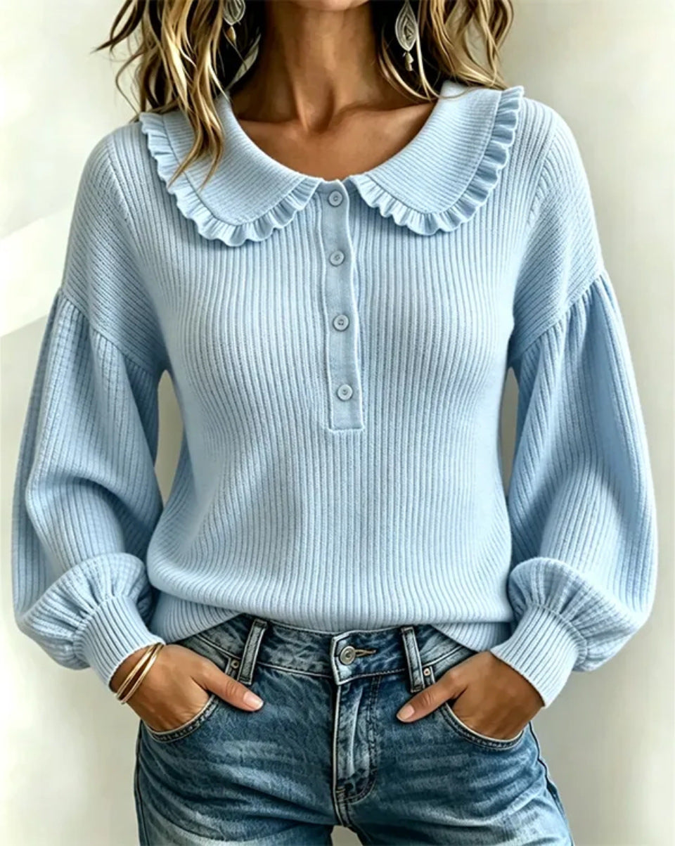 Pull en tricot côtelé à col volanté pour femme