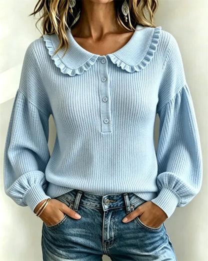 Pull en tricot côtelé à col volanté pour femme