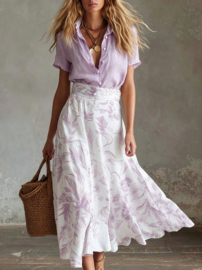 Ensemble coordonné jupe fleurie et chemise contrastantes