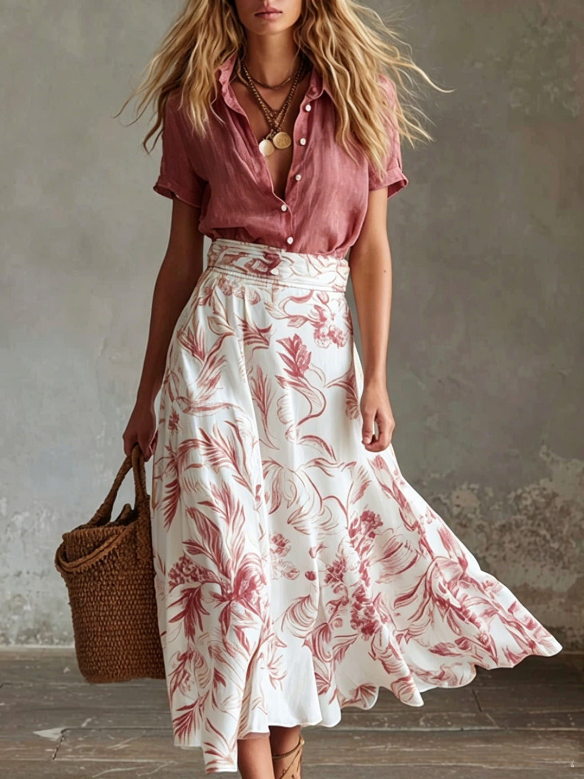 Ensemble coordonné jupe fleurie et chemise contrastantes