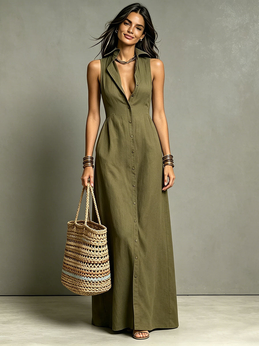Robe chemise longue sans manches croisée et col en lin mélangé minimaliste pour femme